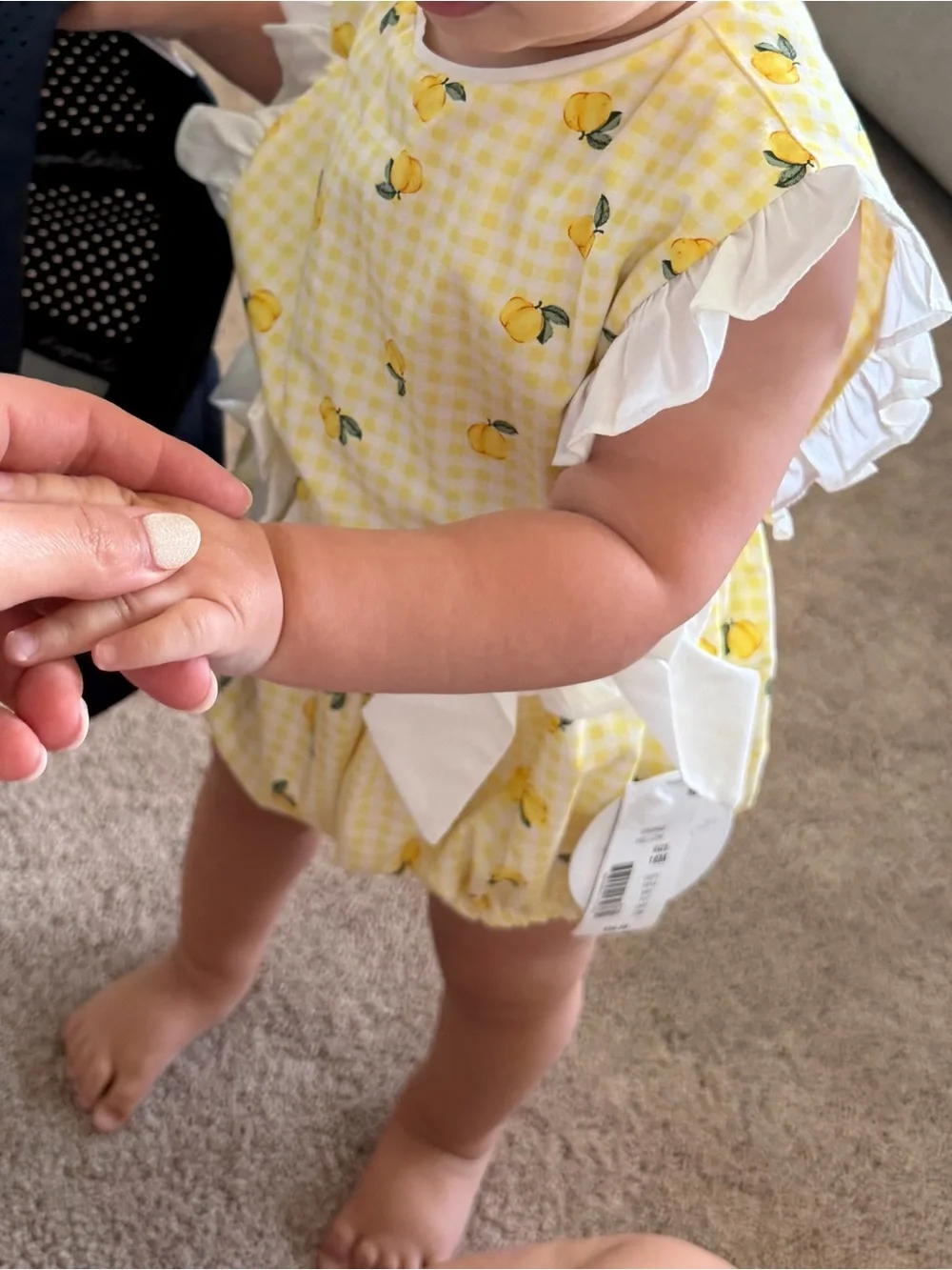 Yellow Lemon Gingham Baby Romper with White Ruffle Bows